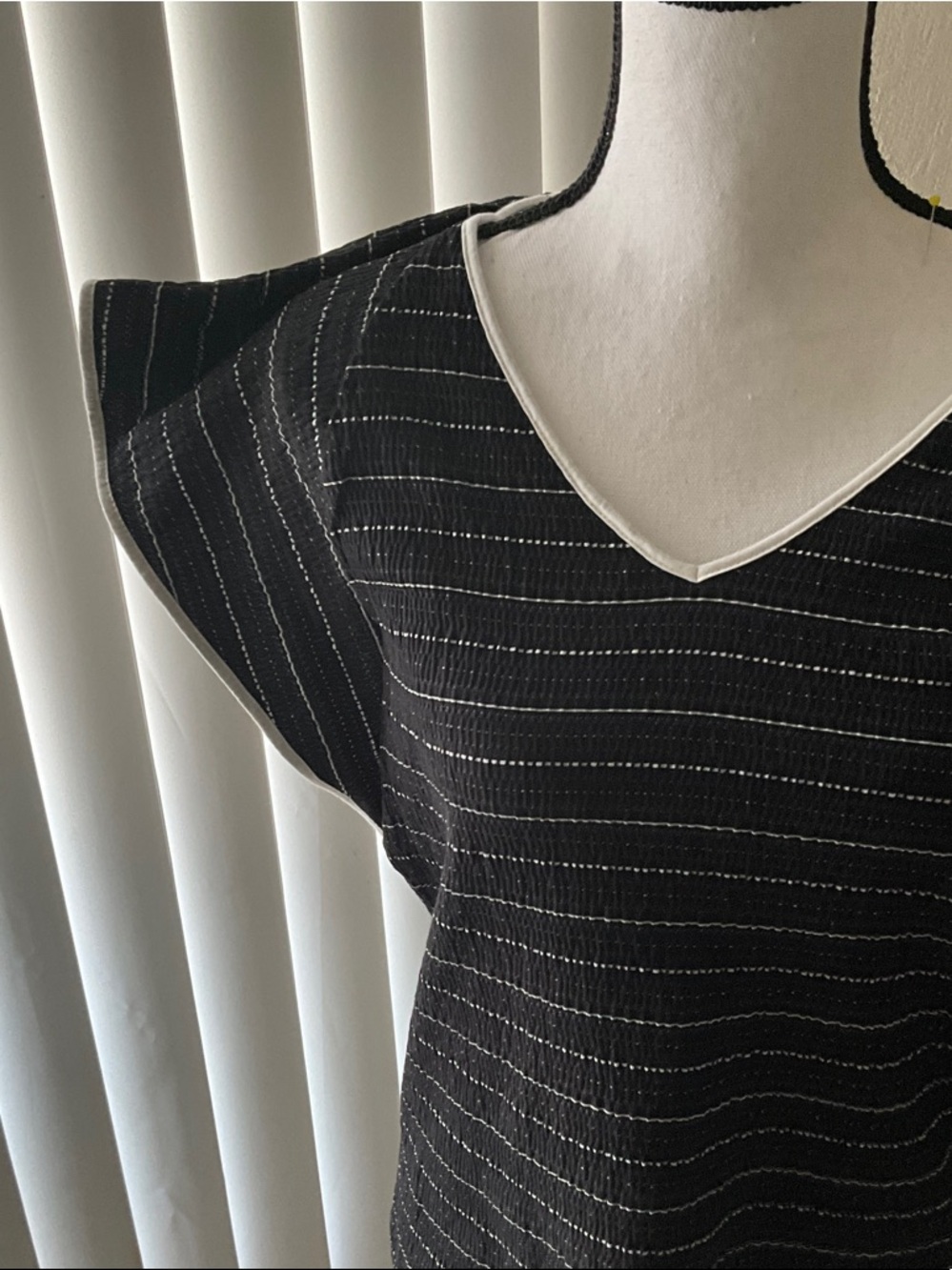 LOFT Black Pinstripe V-Neck Flutter Sleeve Top with White Trim